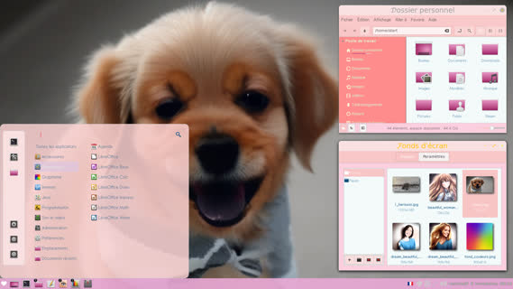 Thème Linux Destinée avec un petit chien mignon en fond écran